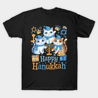 Happy Hanukkah Three Cute British Longhair Cats Menorah T-Shirt